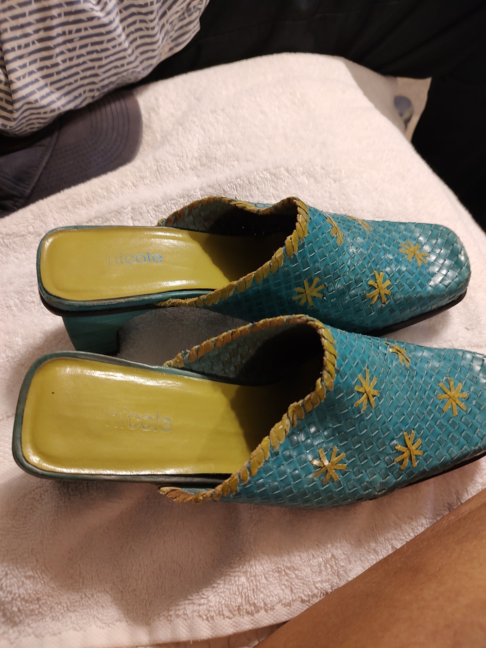 Nicole Teal Woven Slip-On Mules with Yellow Star Accents